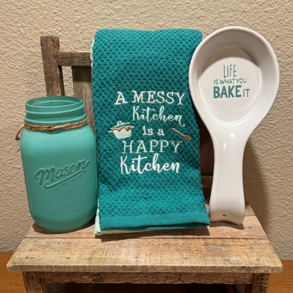 Teal Mason Jar, Life Is What You Bake It Spoon Rest, Teal & Aqua Kitchen Towels